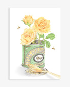 A Spoonful of Sunshine Australian art print by Carmen Hui featuring Lyle’s Golden Syrup tin with yellow roses and bees