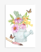 Art print featuring a vintage watering can filled with echinacea flowers, kumquats, eucalyptus leaves, and surrounded by monarch butterflies, perfect for farmhouse kitchen decor.