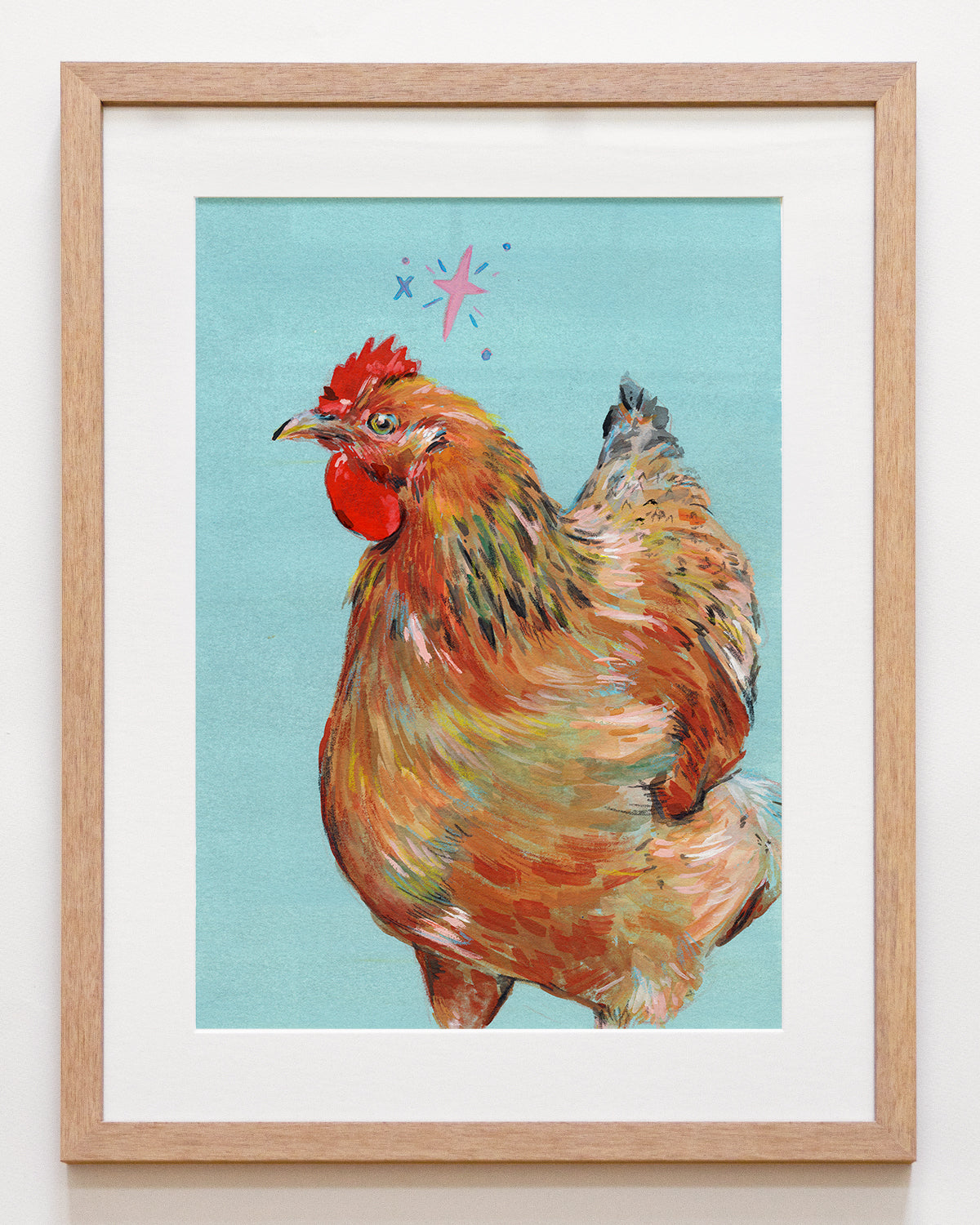 Framed painting of a chicken on a light blue background
