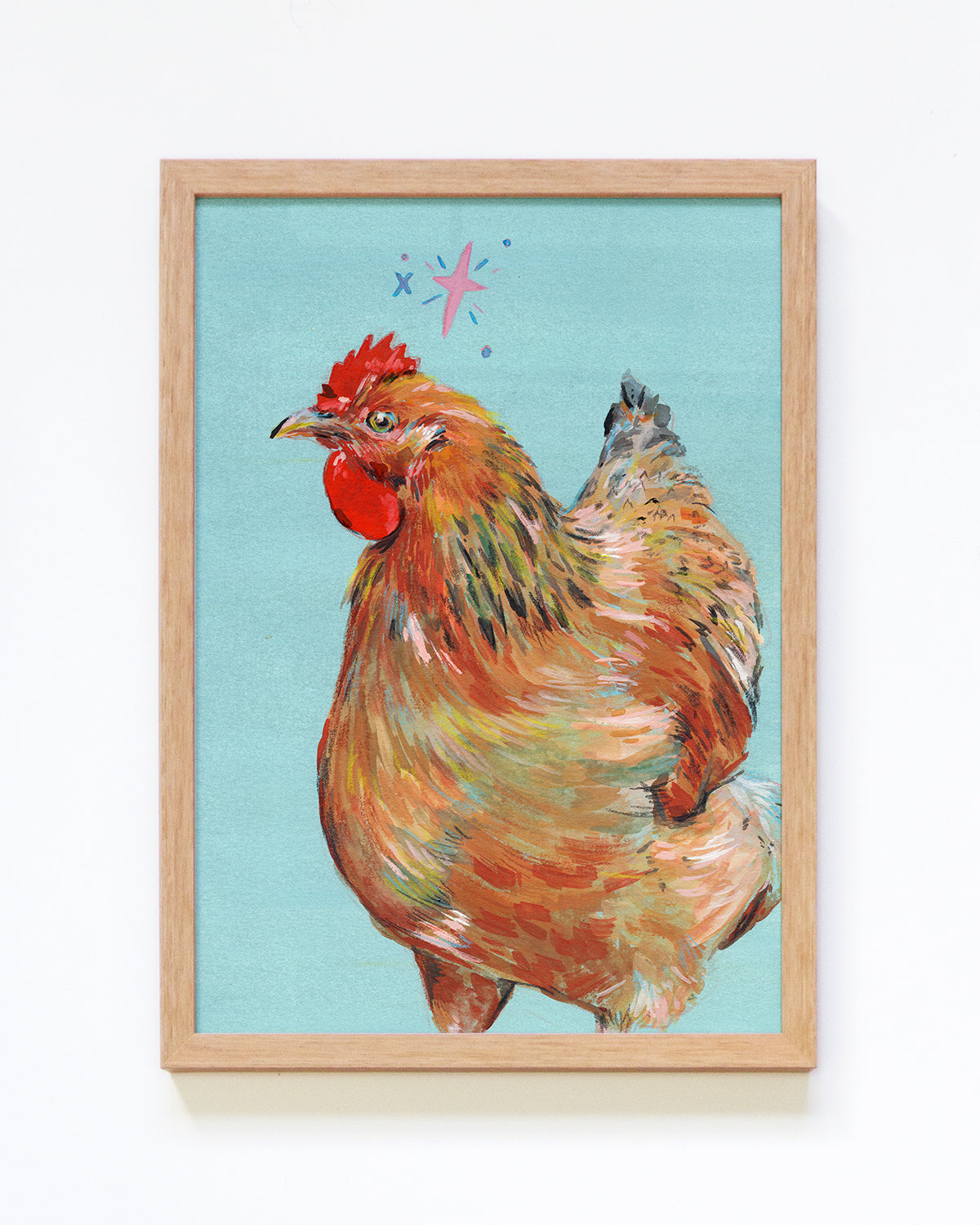 Framed painting of a hen on a light blue background