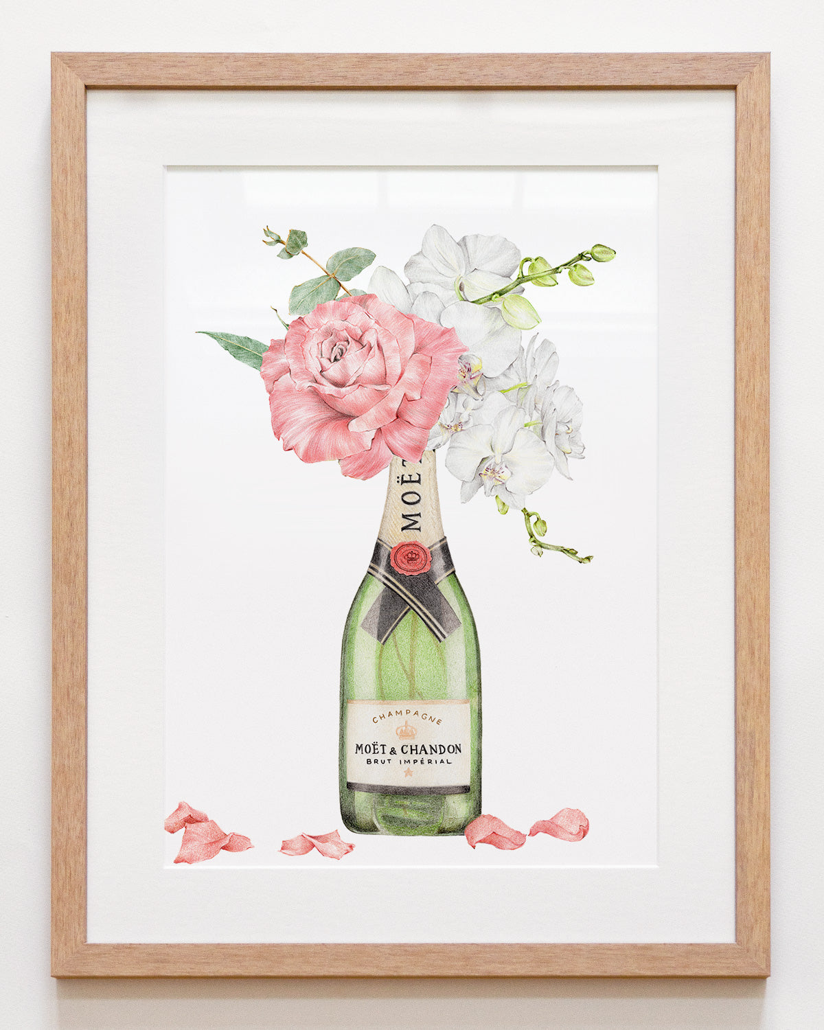 Framed Champagne with flowers art print