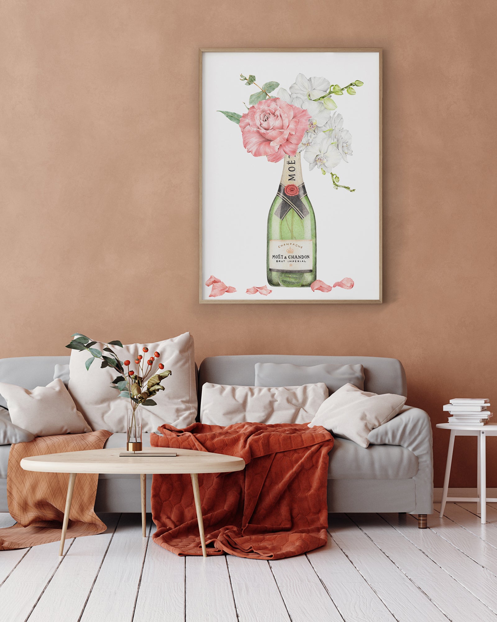 Moët champagne bottle with pink rose and white orchid art print in wooden frame