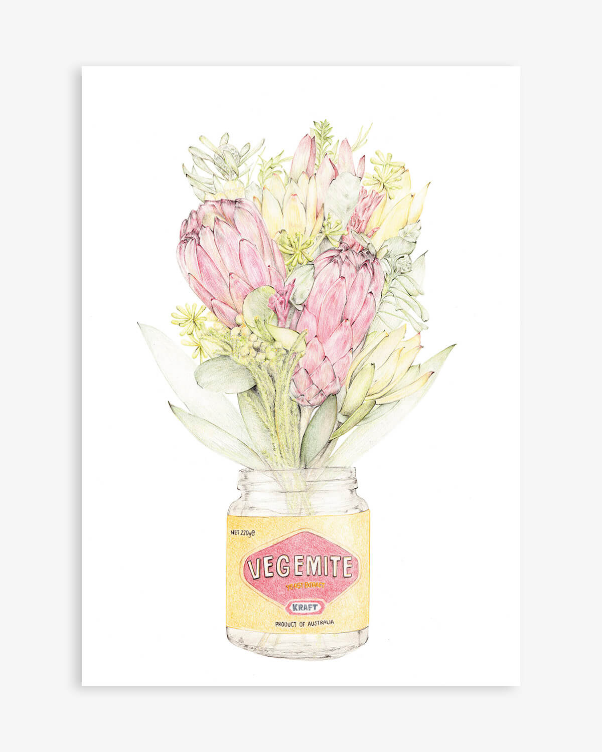 Australian wall art featuring Vegemite with protea