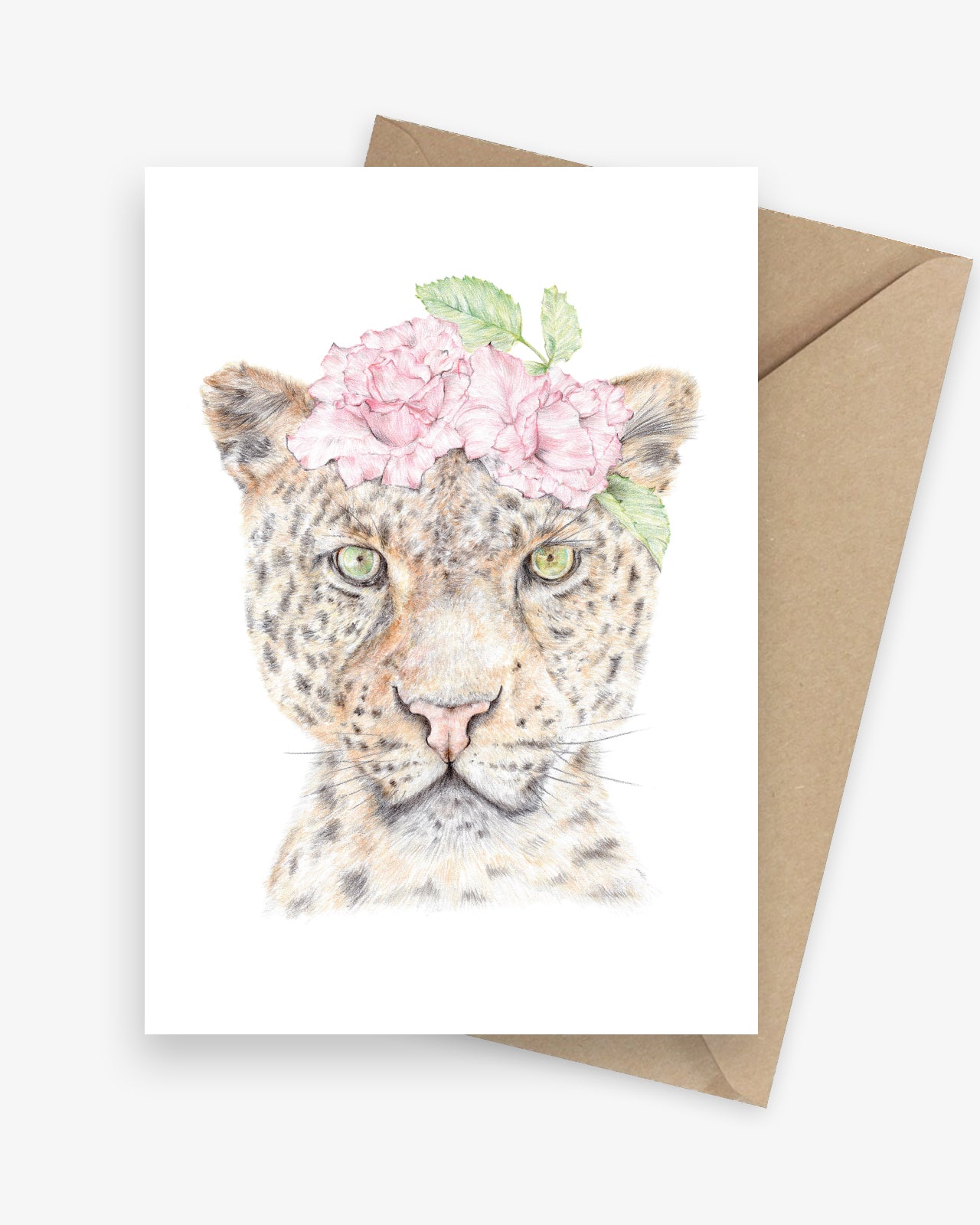 Greeting card featuring a leopard with a flower crown.