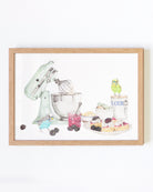 Framed kitchen wall art with budgies and scones