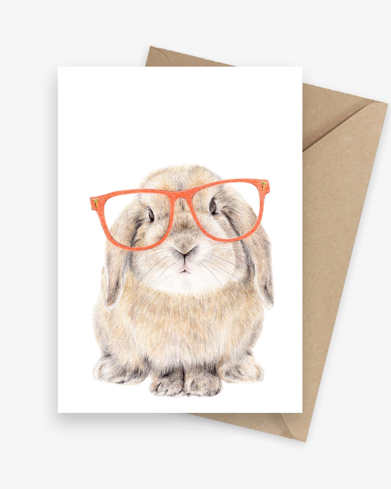 Greeting card featuring a lop-eared bunny with glasses.