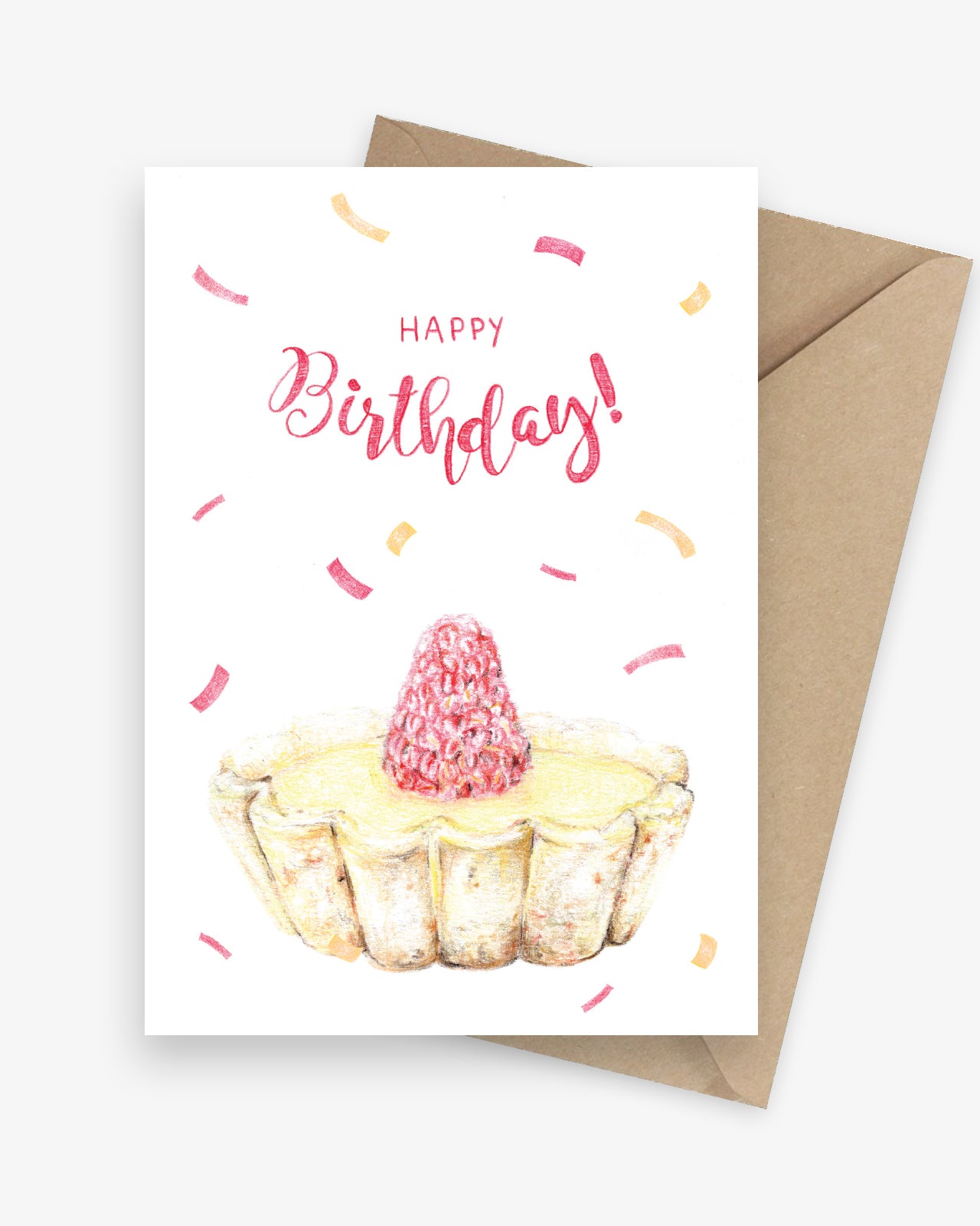 Birthday card featuring a lemon tart and confetti.