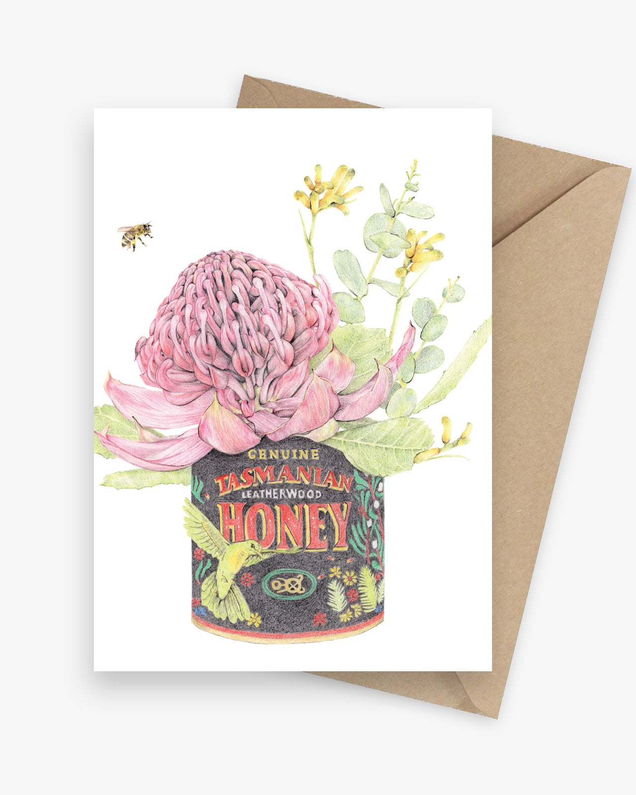 Greeting card with Australian native flowers featuring a waratah and kangaroo paws in a Tasmanian honey tin.