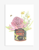 Australian botanical art print featuring Tasmanian honey with Waratah and kangaroo paw