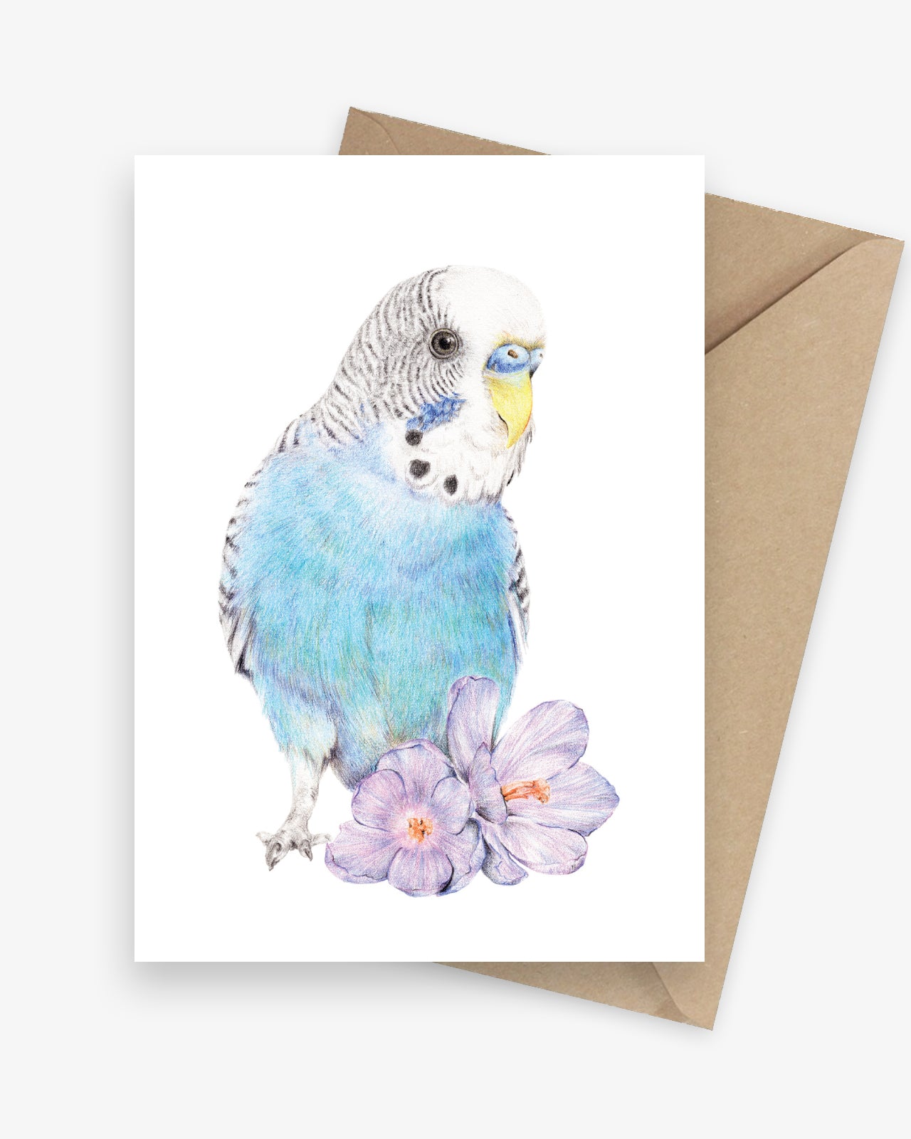 Greeting card featuring a blue budgie with two flowers.