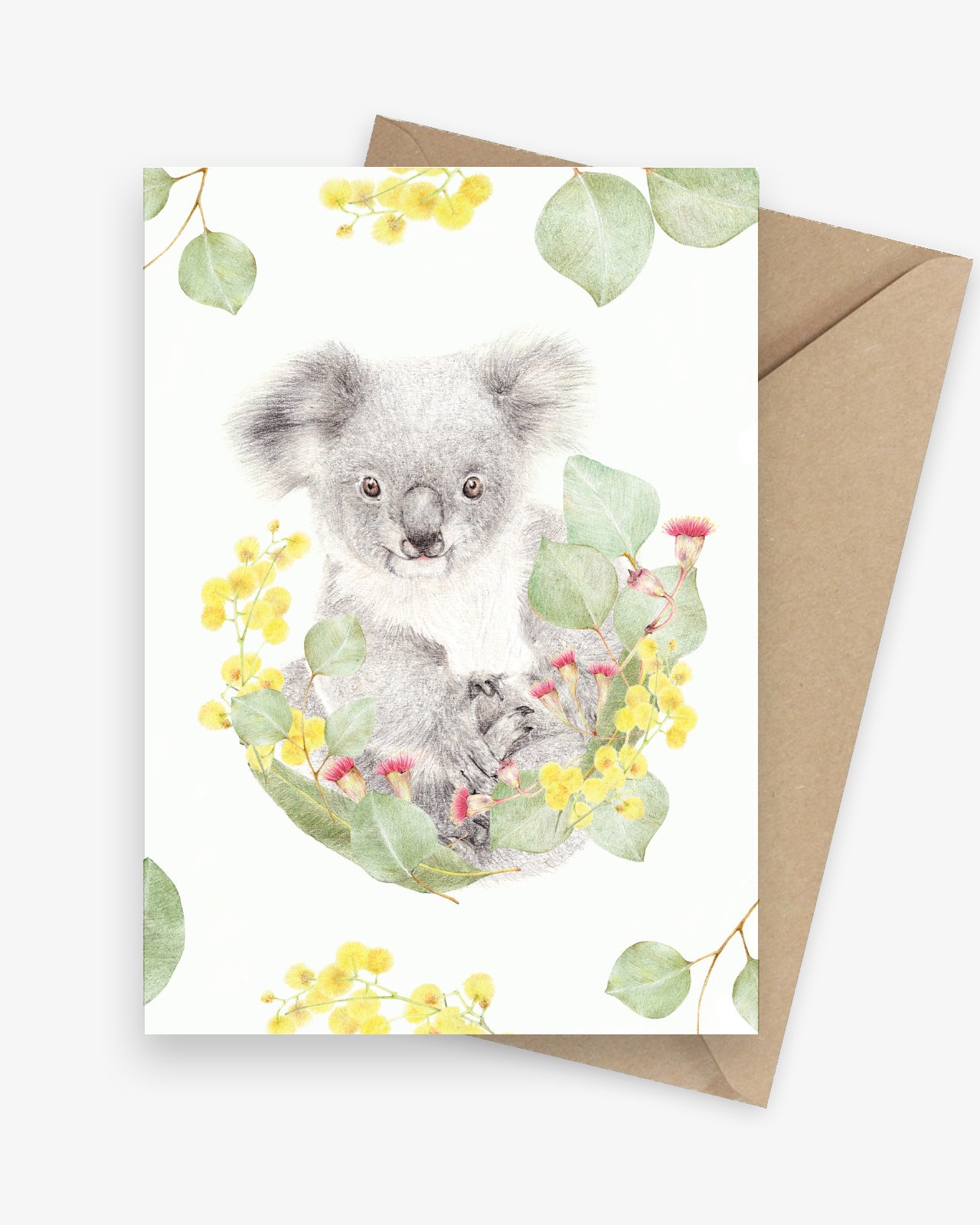 Illustrated greeting card featuring a koala sitting on an Australian native floral wreath.