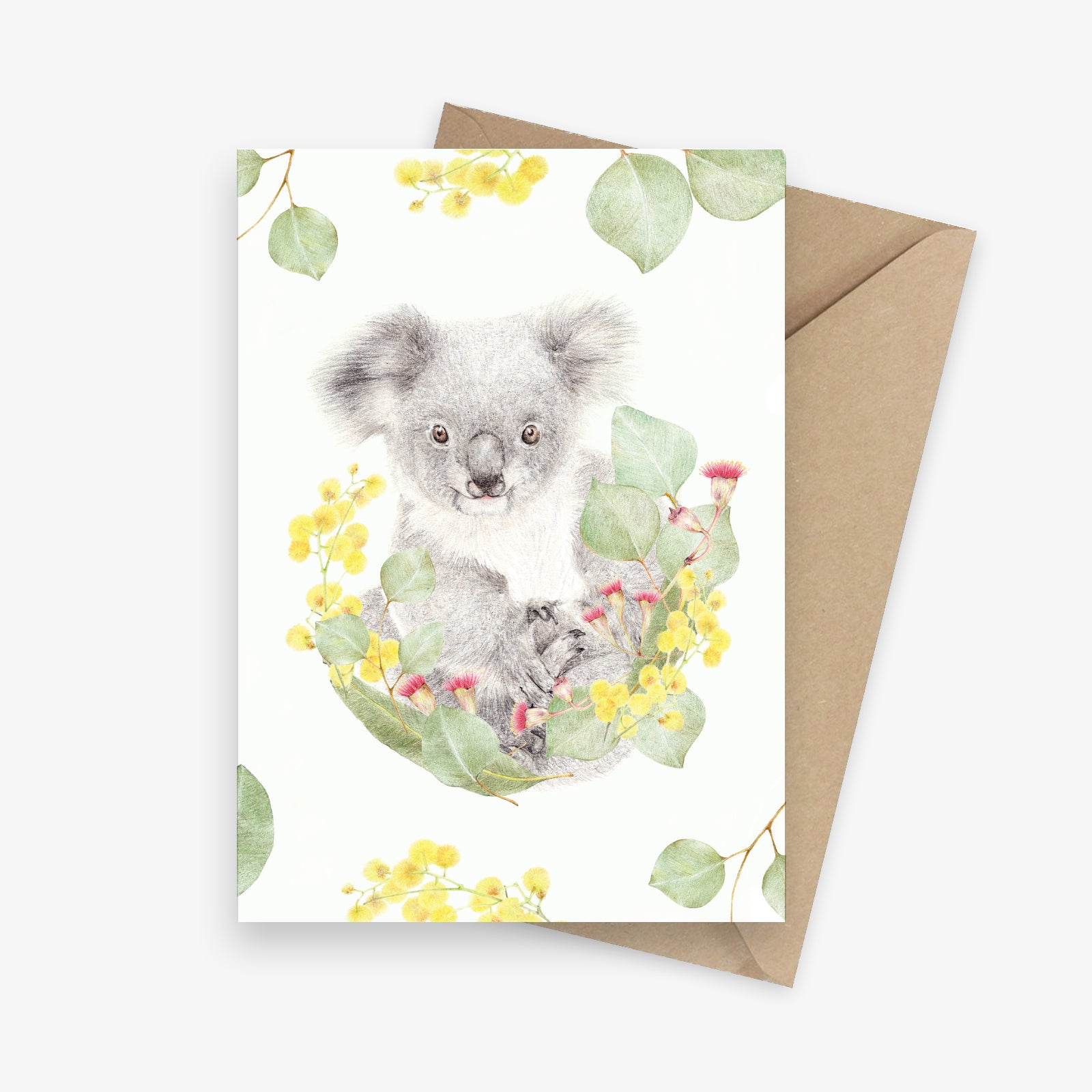 Illustrated greeting card featuring a koala sitting on an Australian native floral wreath.