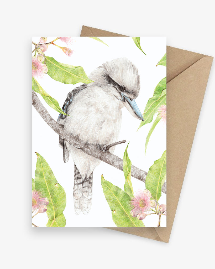 Greeting card featuring a kookaburra with flowering gums.