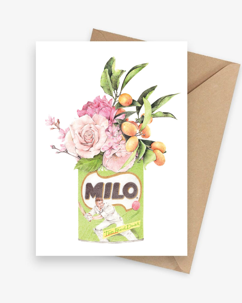 Illustrated greeting card featuring a bouquet of roses and citrus in a Milo tin.