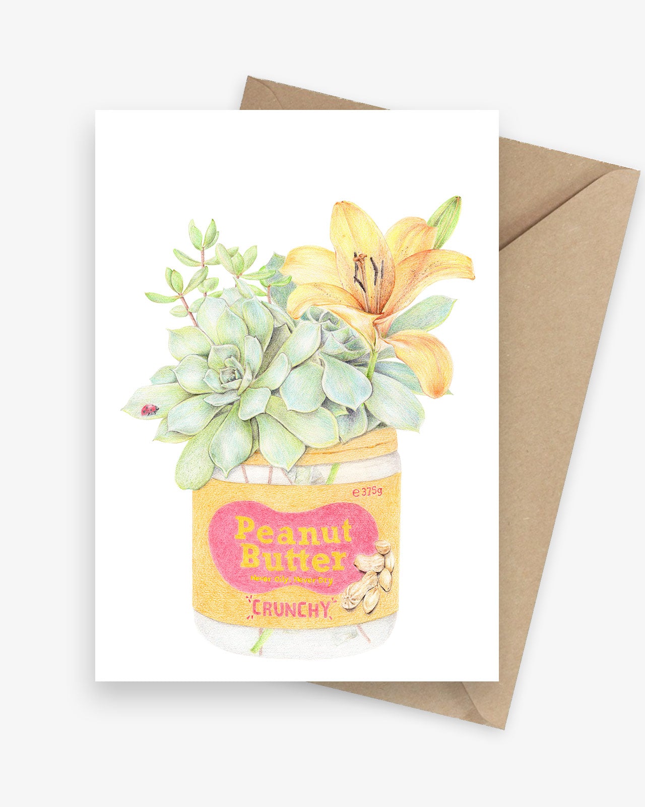 Greeting card featuring a succulent bouquet in a peanut butter jar.