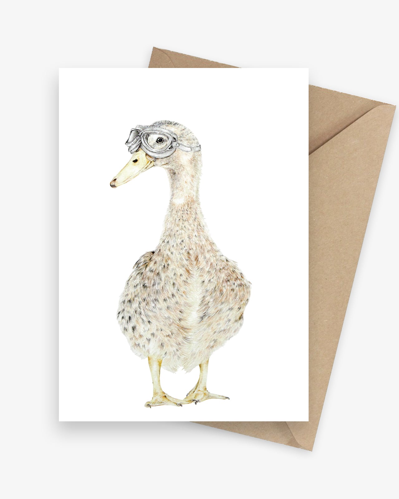 Funny greeting card featuring a farm duck with pilot goggles. 