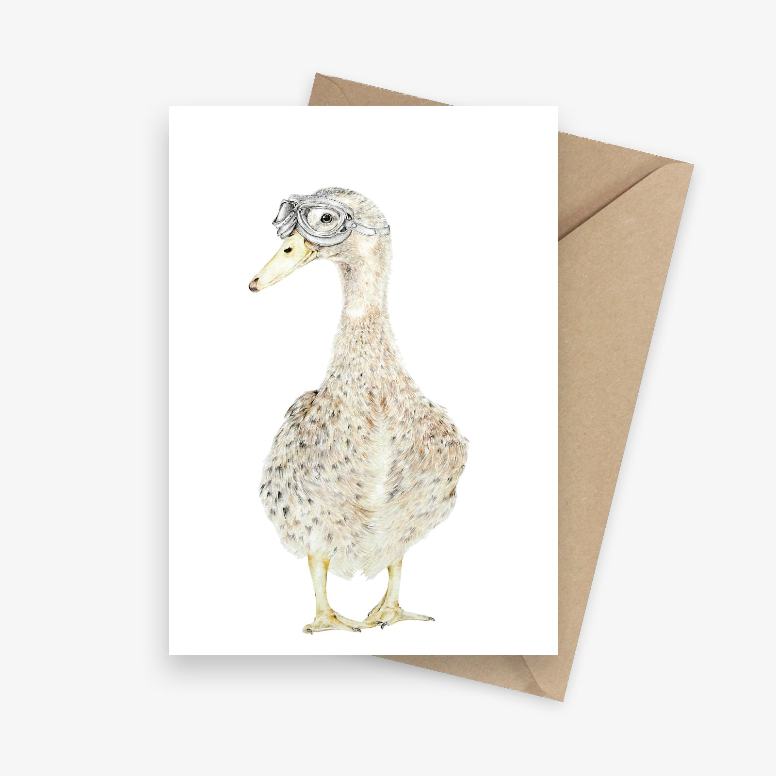 Funny greeting card featuring a farm duck with pilot goggles.