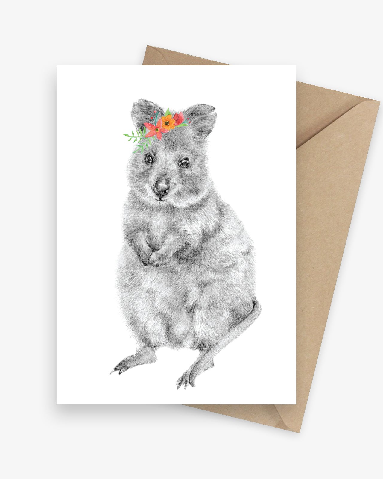 Greeting card featuring an Australian native quokka with a flower crown.