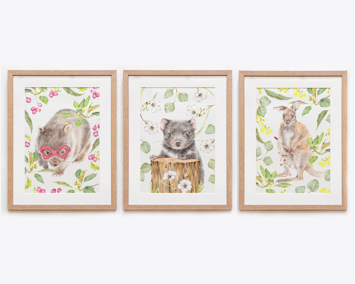 Set of 3 Australian animal framed nursery prints with mat board