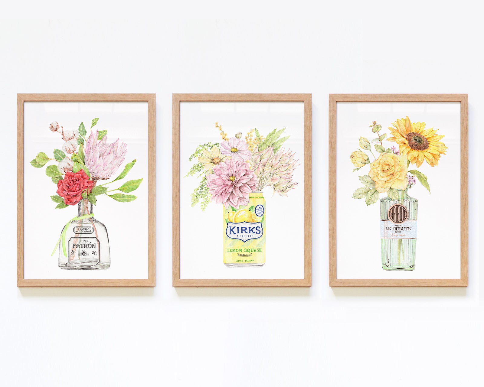 Set of 3 framed cocktail inspired botanical art