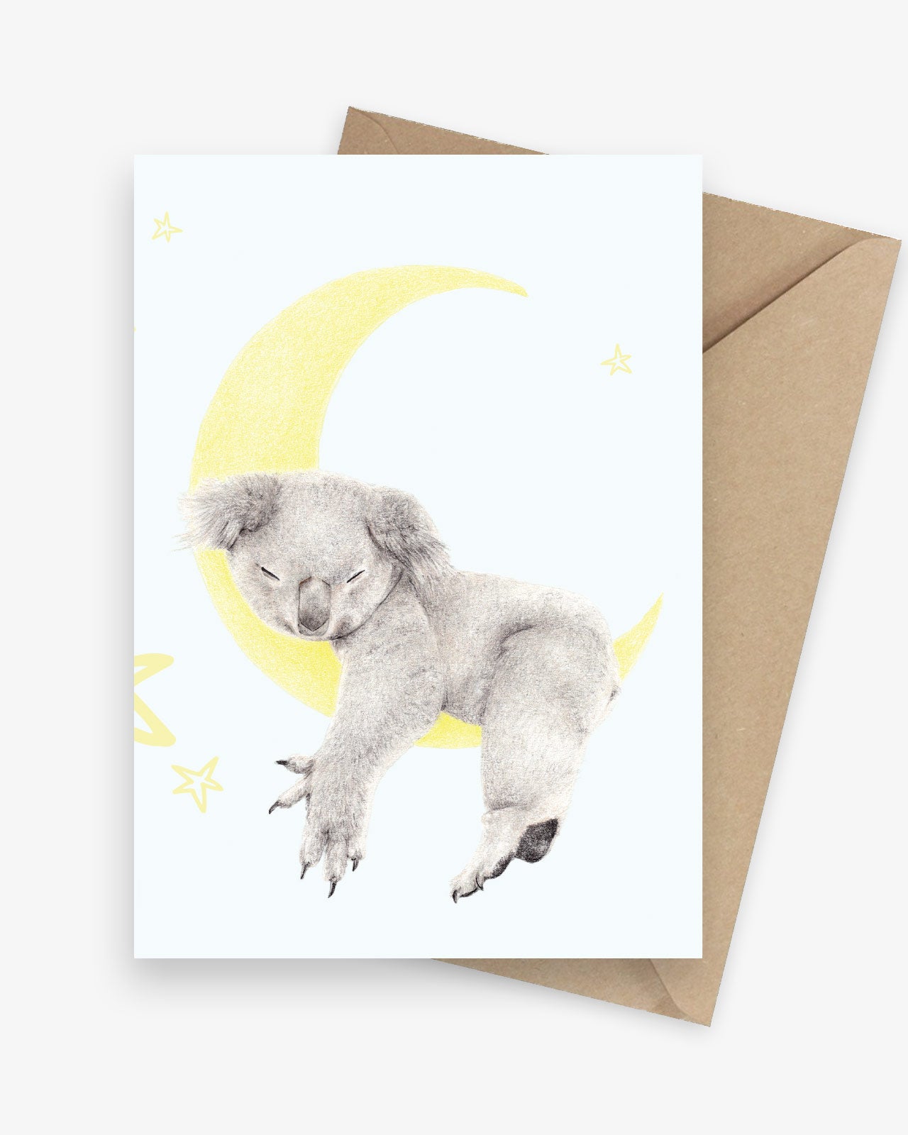 Greeting card featuring an Australian native koala sleeping on a moon.