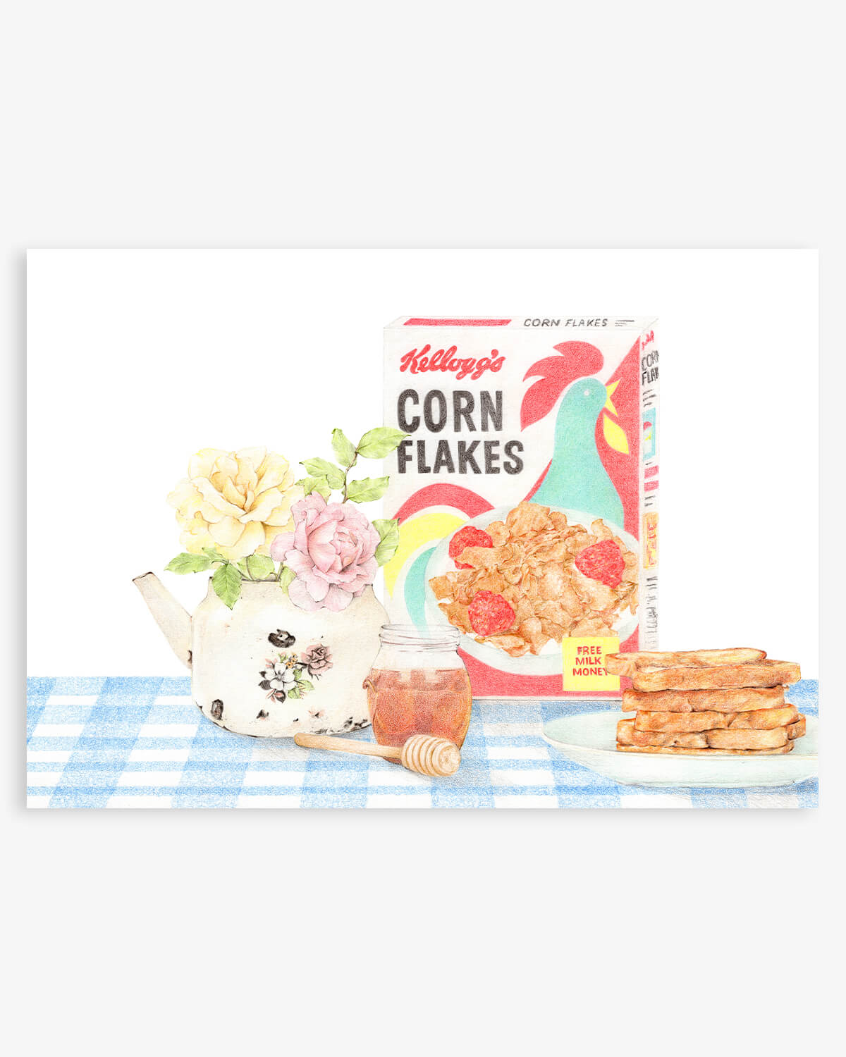 Artwork of Corn Flakes, Tea and Toast with Honey