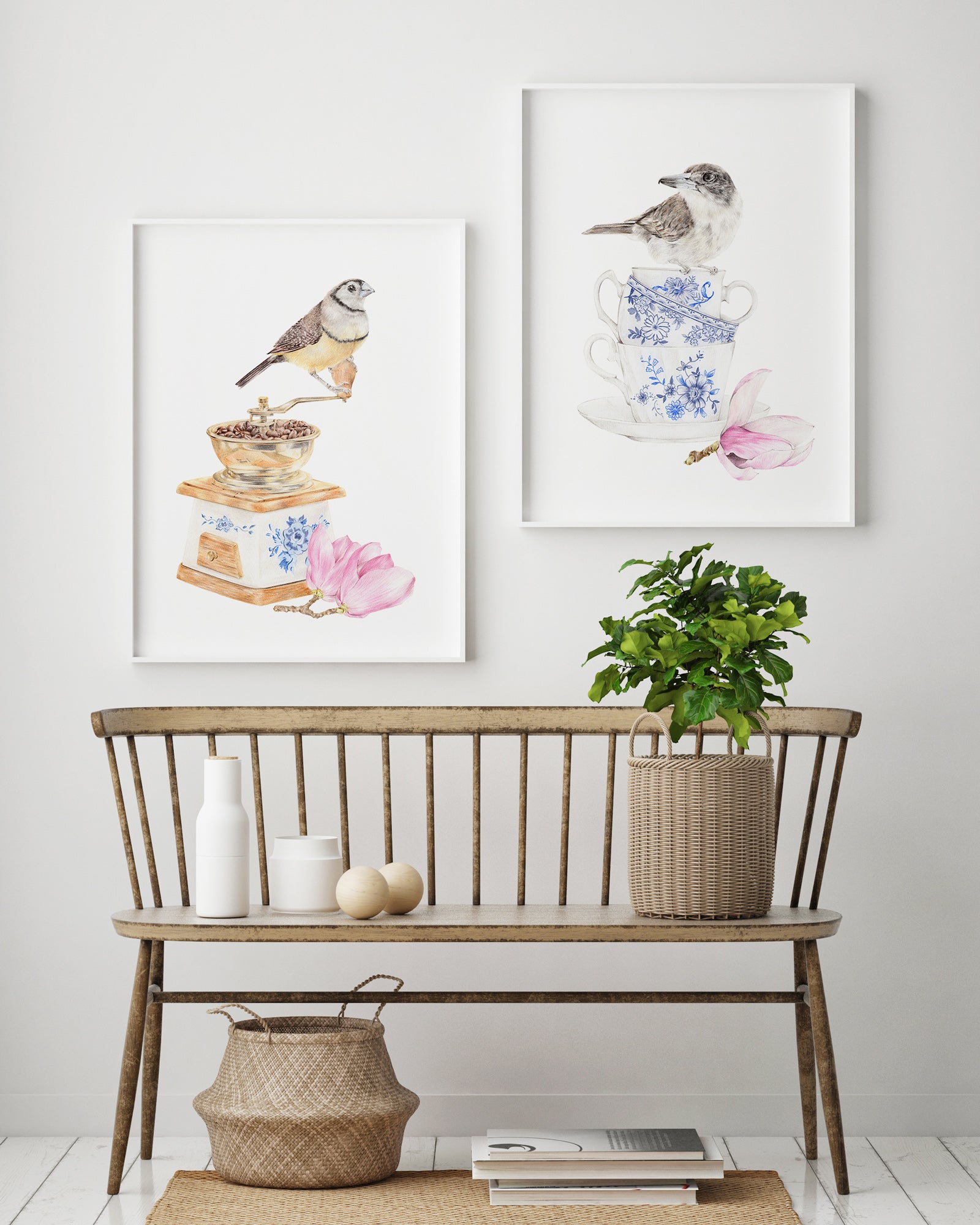 Set of 2 Australian Native Bird Art with a double-barred finch and butcherbird
