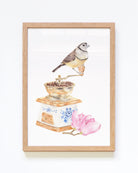 Double barred finch on a vintage coffee grinder framed art print