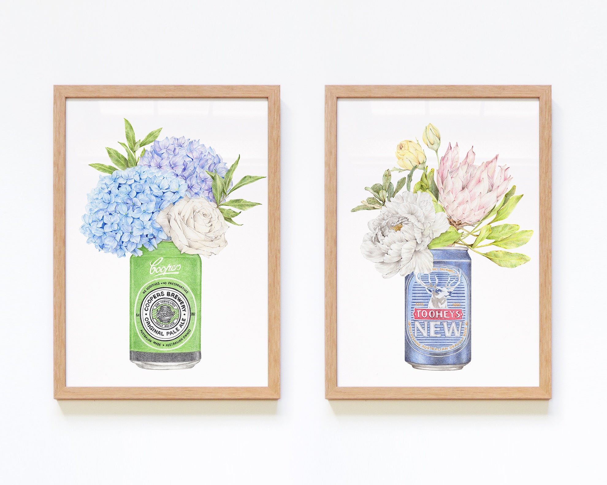 Set of 2 framed Australian art featuring classic beers and florals