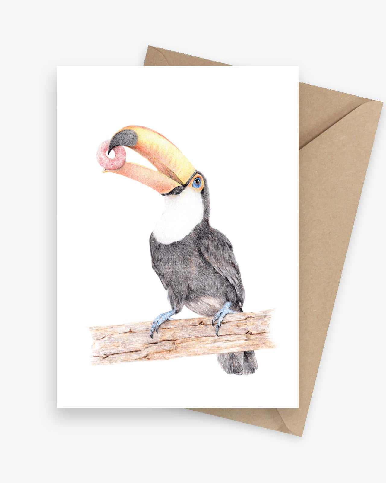 Funny greeting card featuring a tropical toucan holding a fruit loop.