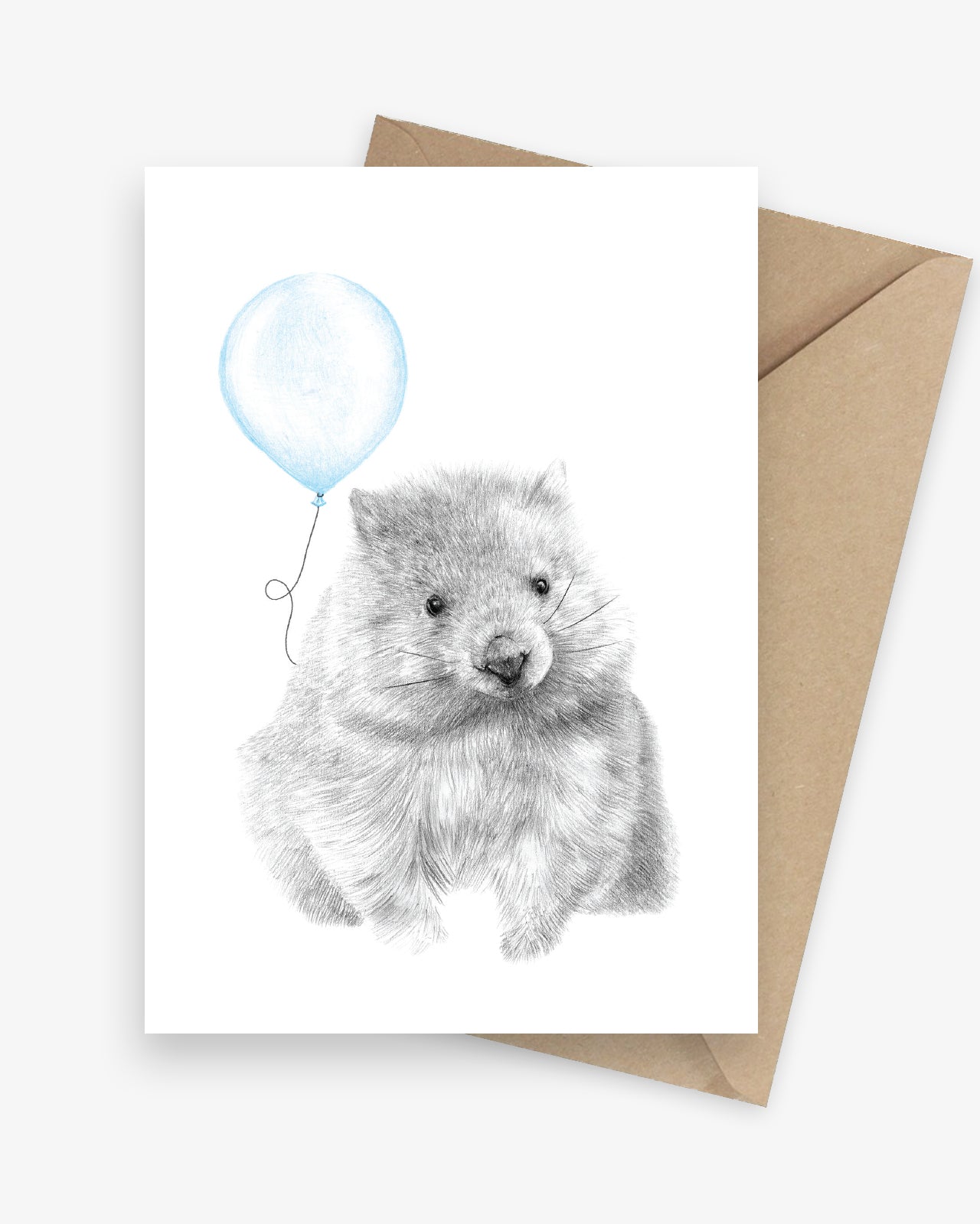 Birthday card featuring an Australian native wombat holding a blue balloon.