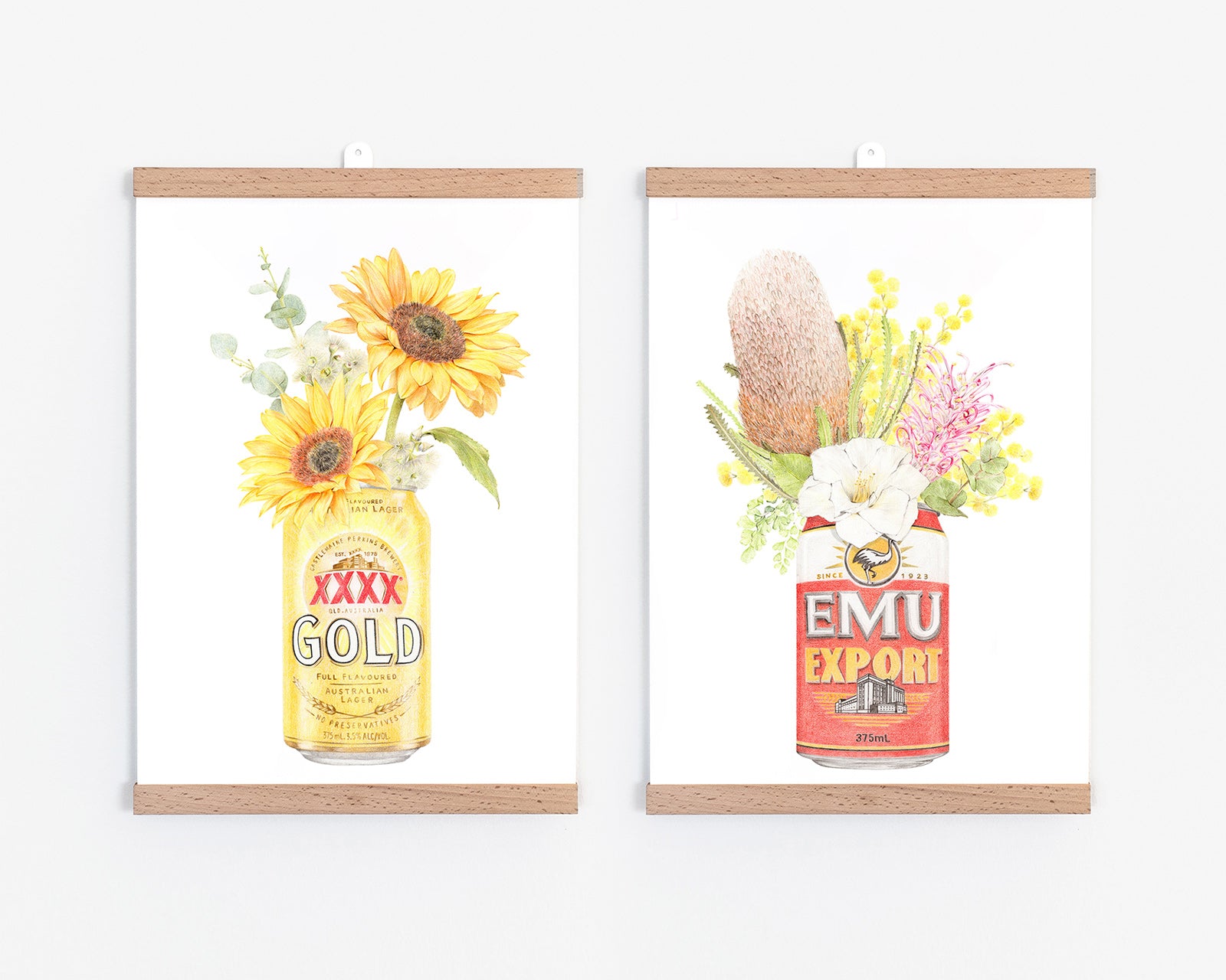 Set of 2 Australian art print with classic beers and botanicals