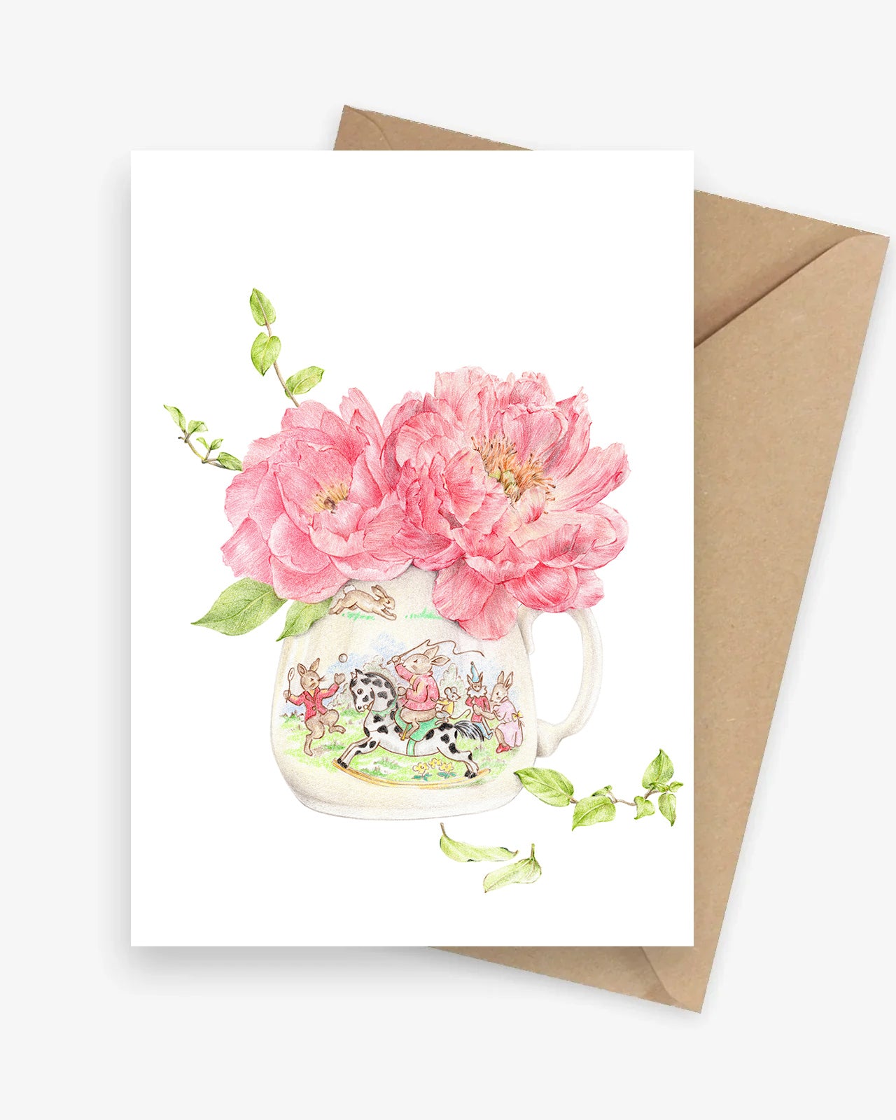 Bunnies Day Out Kids birthday card with peonies