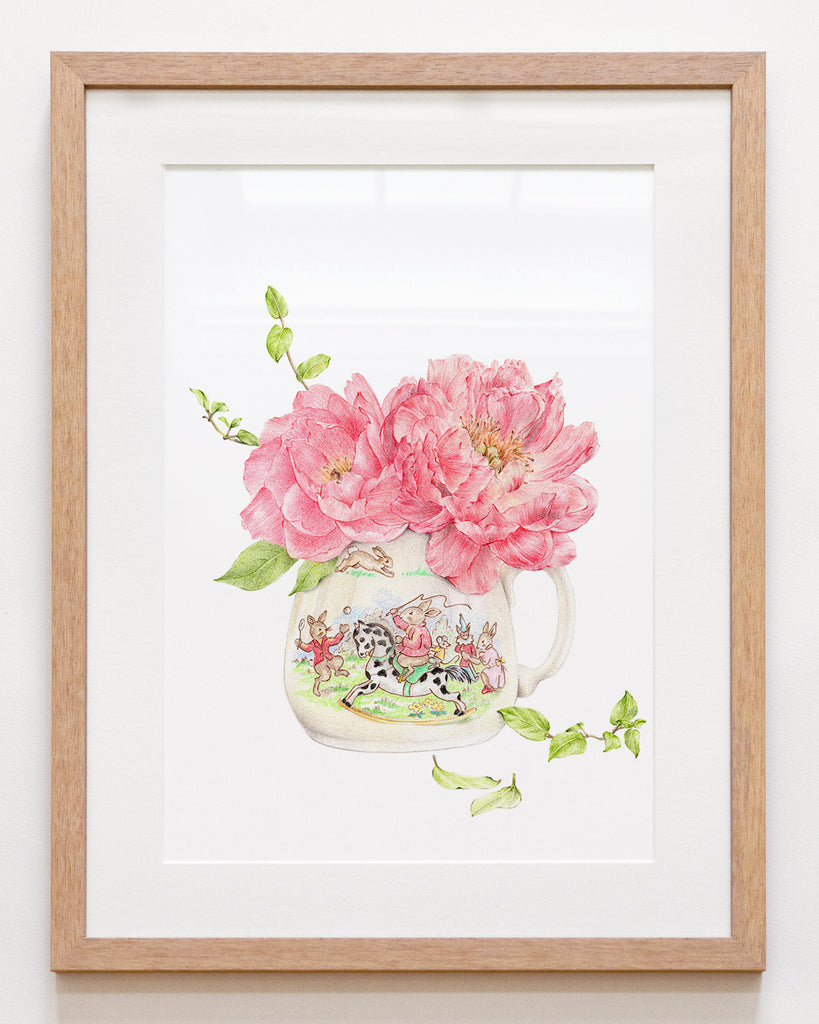 Bunnies day out framed peonies botanical art print with matboard