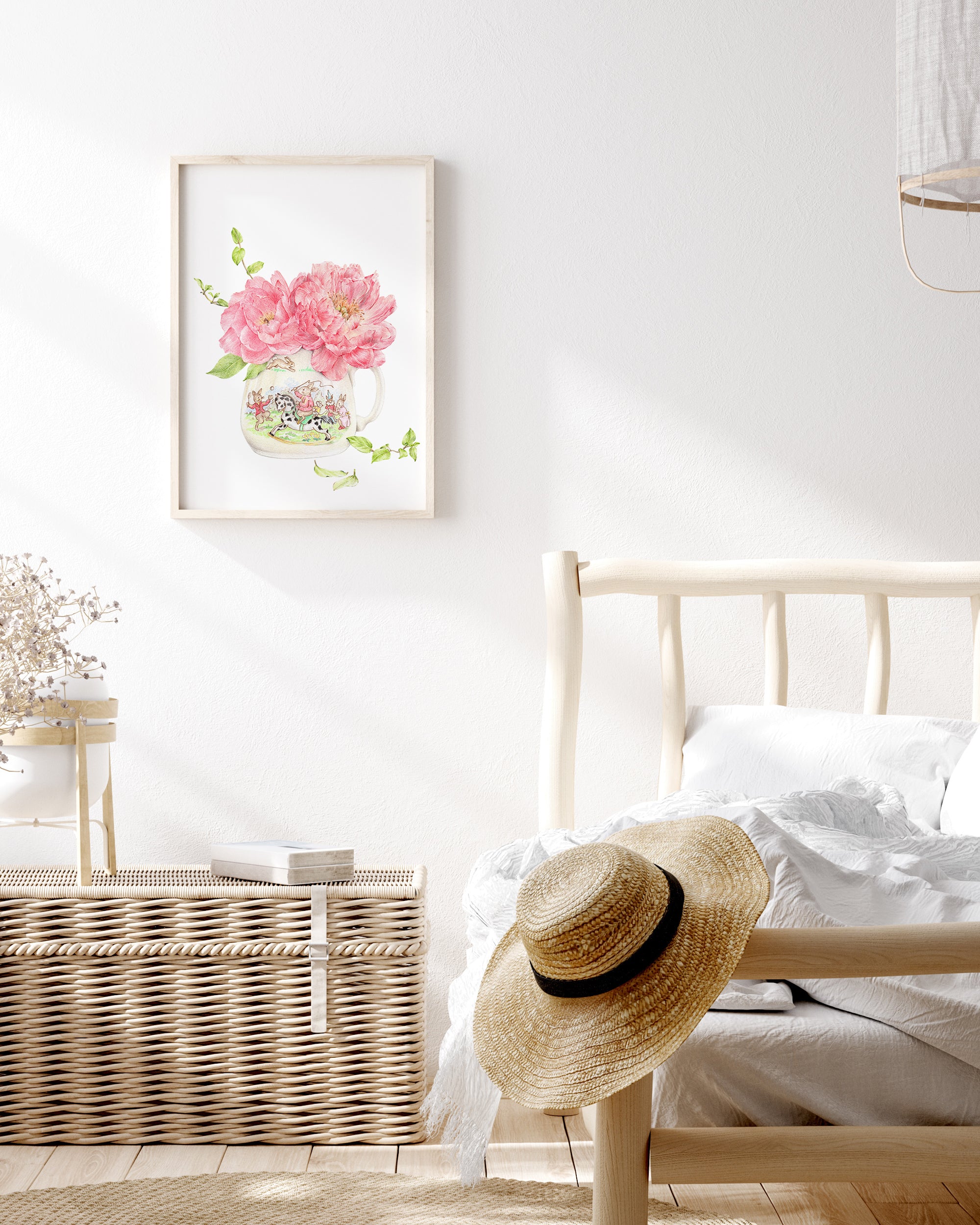 Bunnies Day Out peonies with vintage inspired bedroom art print