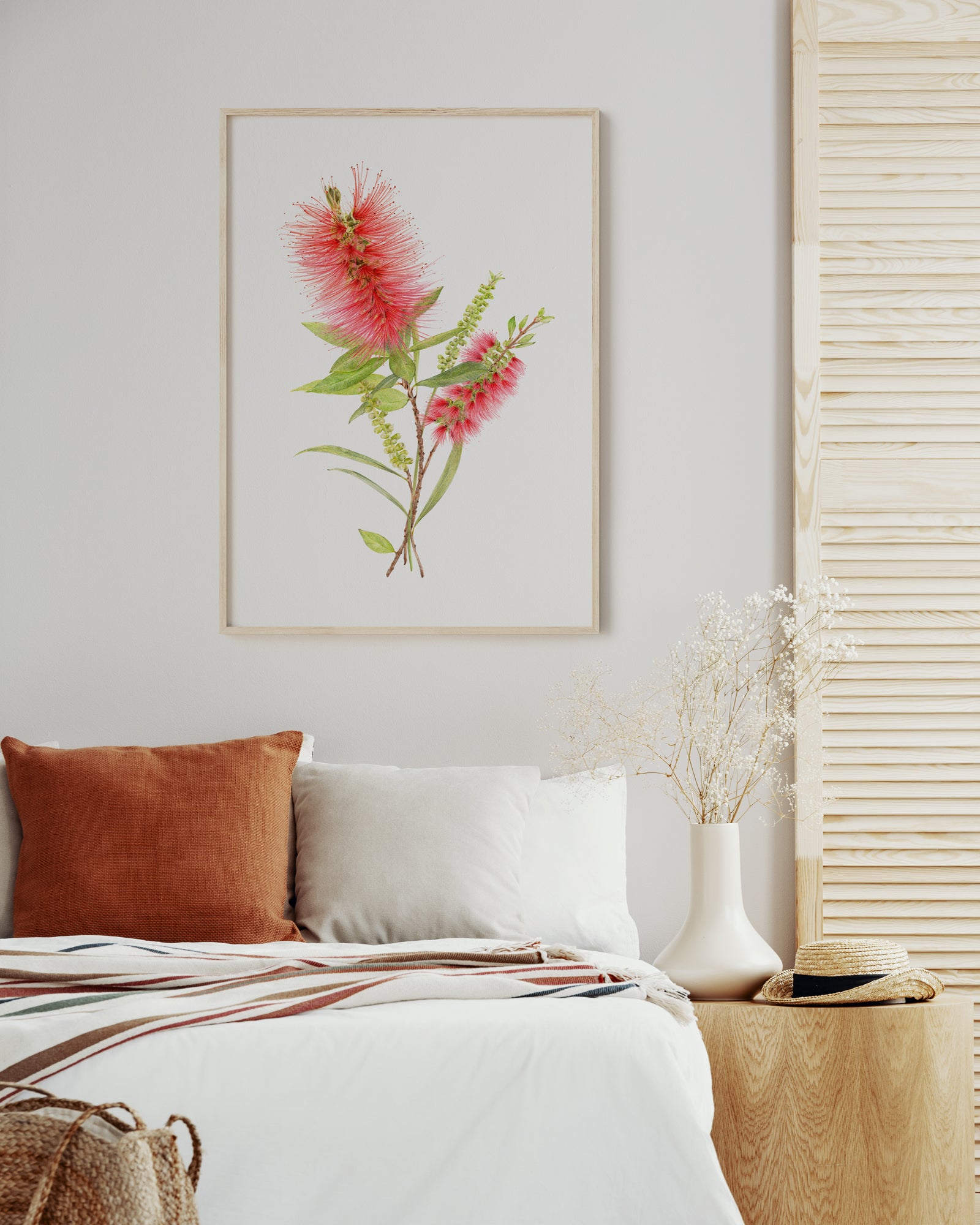Callistemon bottlebrush art print styled in a modern Australian bedroom
