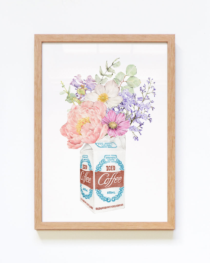 Farmers Union Iced Coffee with florals framed art print