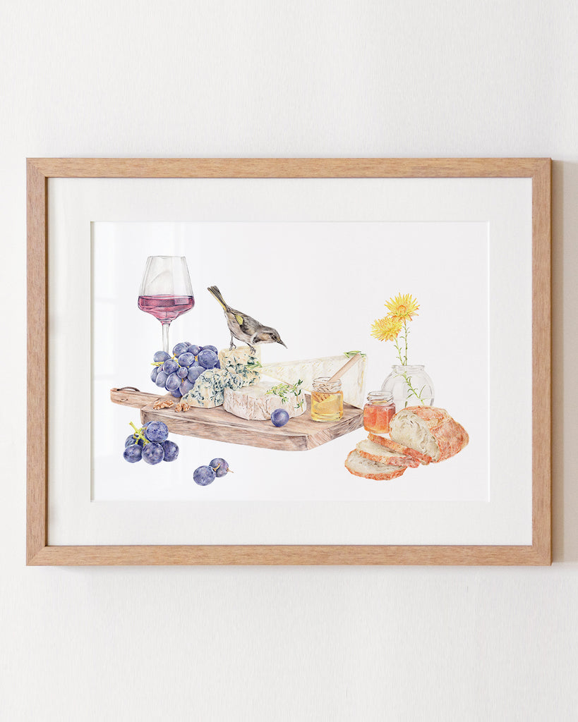 Crescent Honeyeater with wine and cheese still life