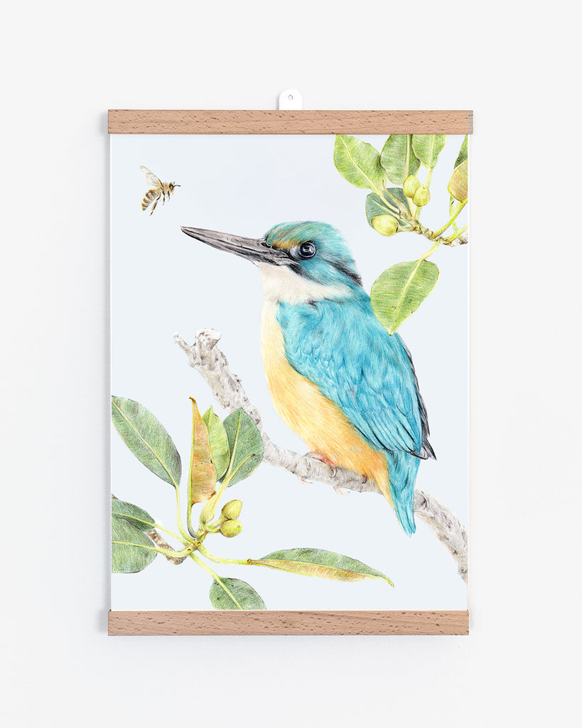 Coastal inspired sacred kingfisher bird art with beech hangers