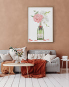 Moët champagne bottle with pink rose and white orchid art print in wooden frame