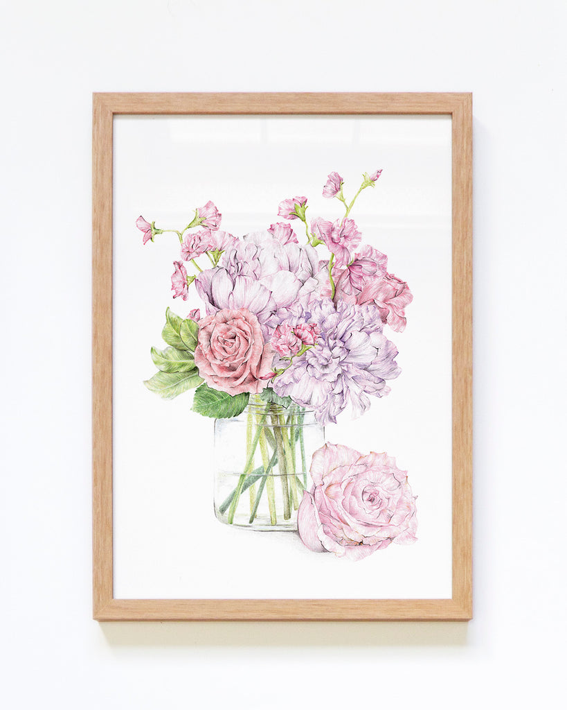 Vintage inspired botanical art print featuring a bouquet of pink flowers