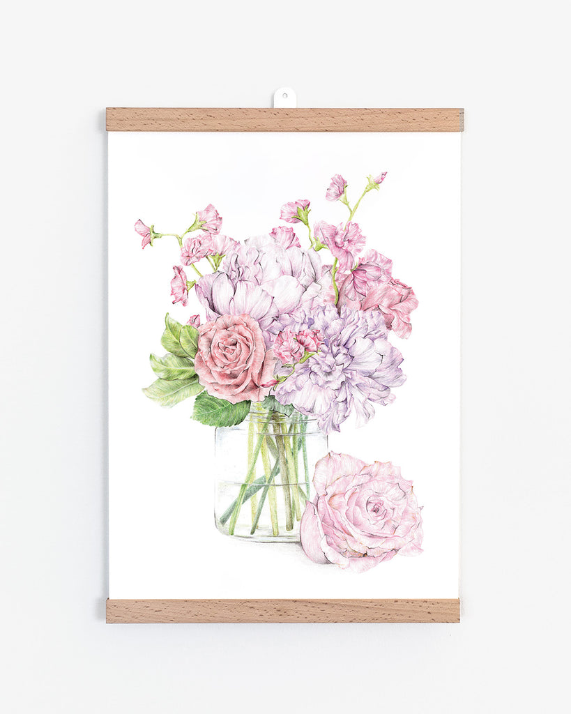 Botanical art print with pink florals