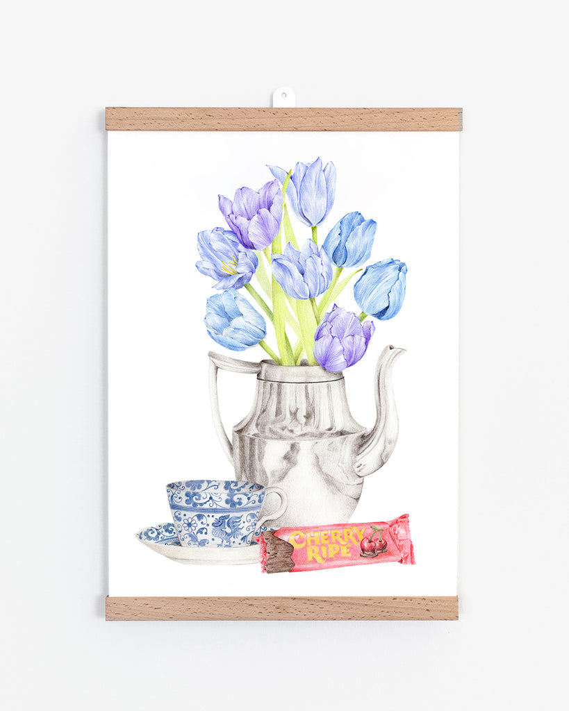 Framed botanical Art Print with tulips and Cherry Ripe