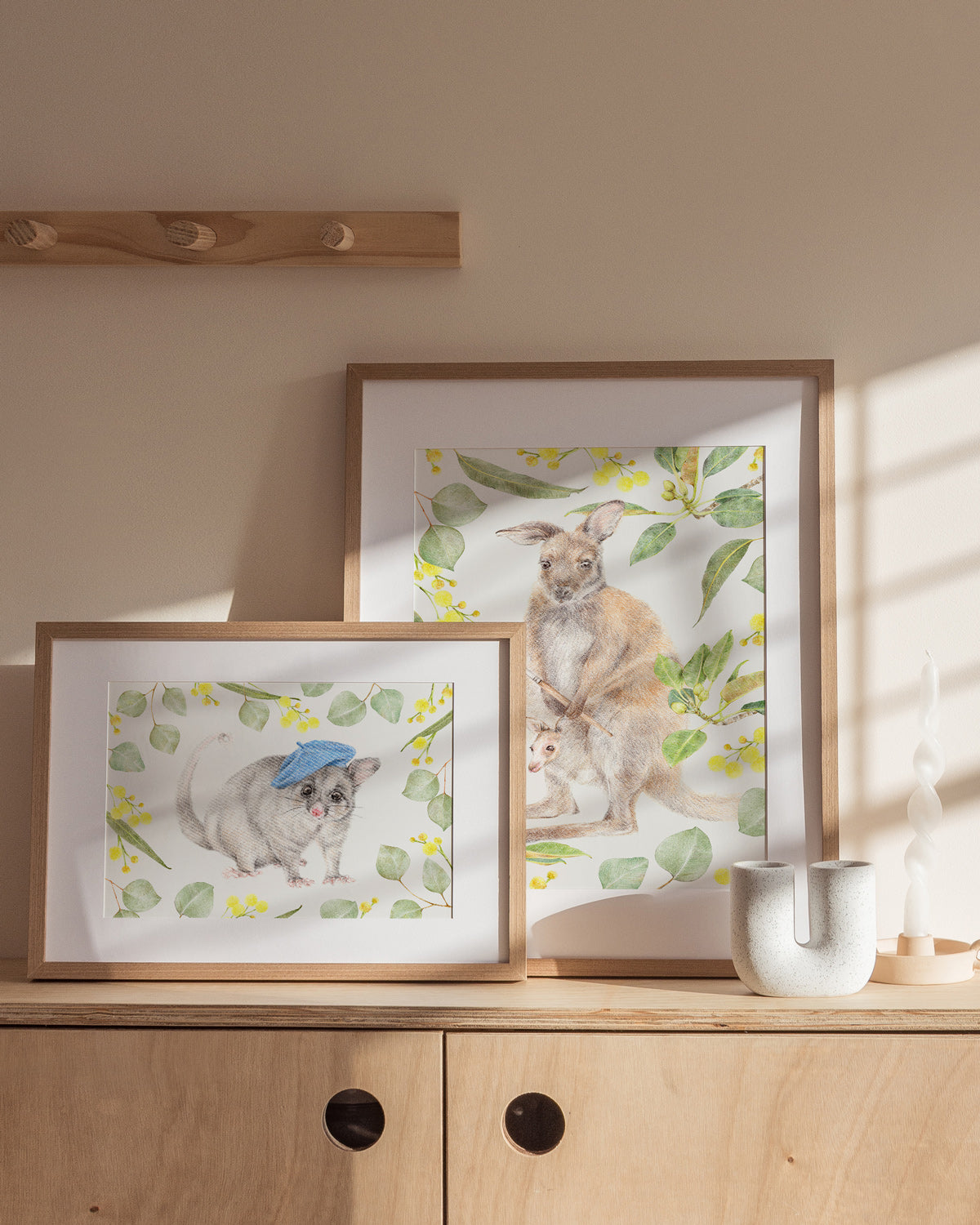 Animal wall art featuring Australian possum and kangaroo