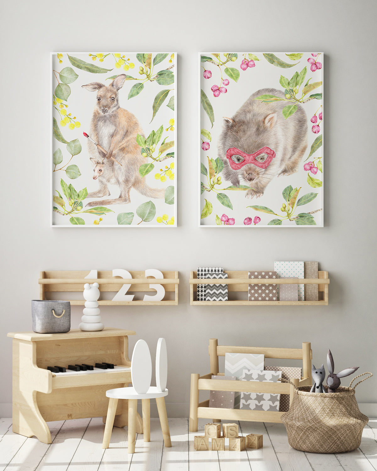 Australian nursery art with kangaroo and wombat