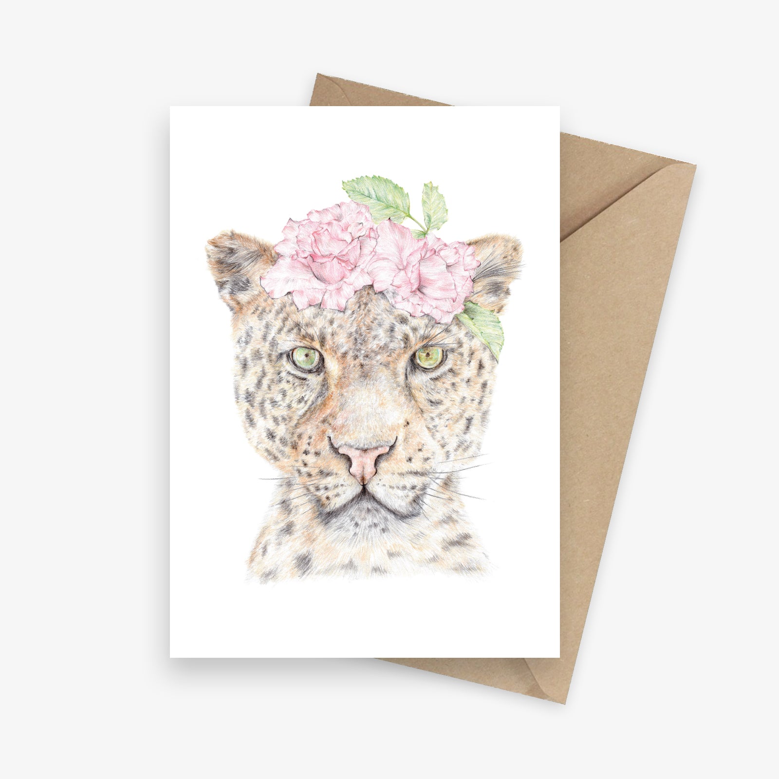Greeting card featuring a leopard with a flower crown.