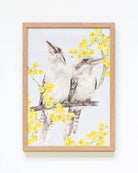 Australian Bird Art of Two Laughing Kookaburras and a Wattle Tree (Acacia)