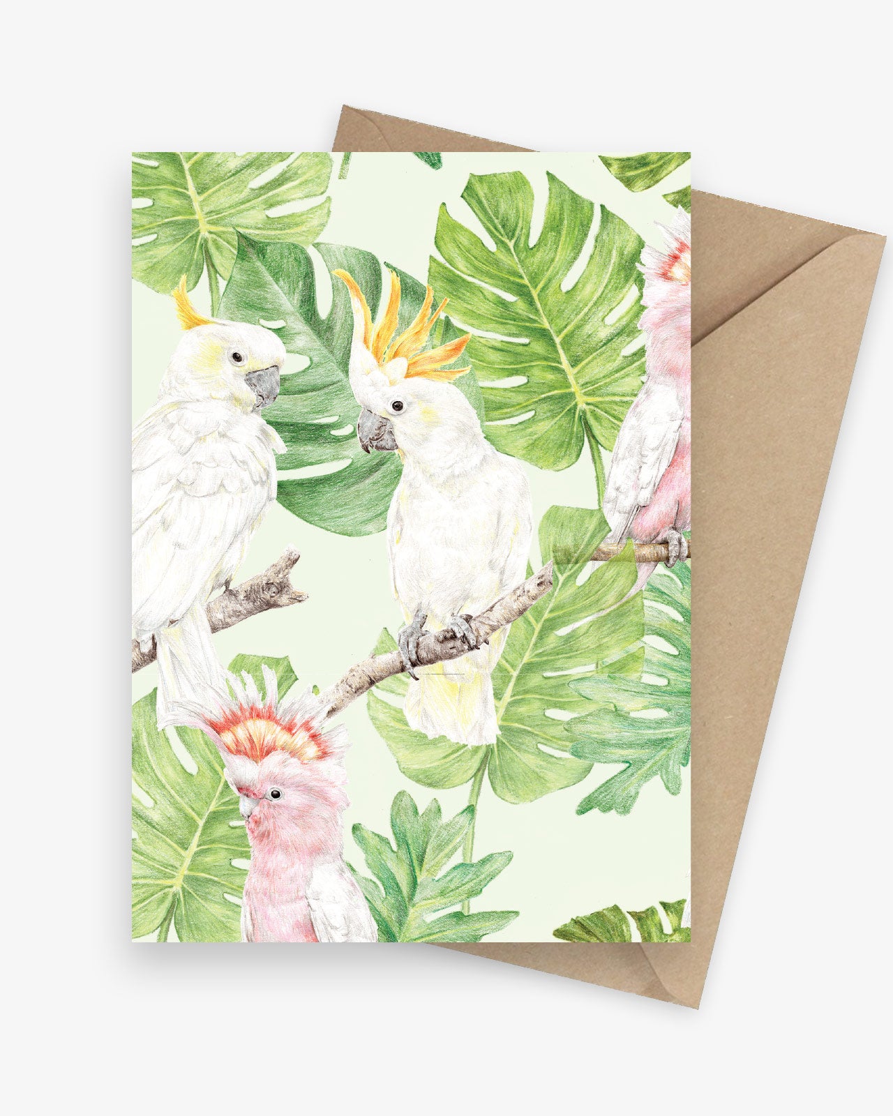 Greeting card featuring a group of Australian yellow crested and pink cockatoos. 