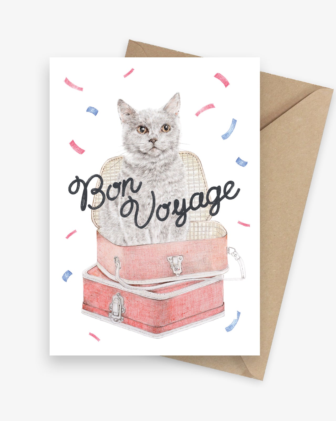 Bon voyage greeting card featuring a cat in a suitcase with confetti.