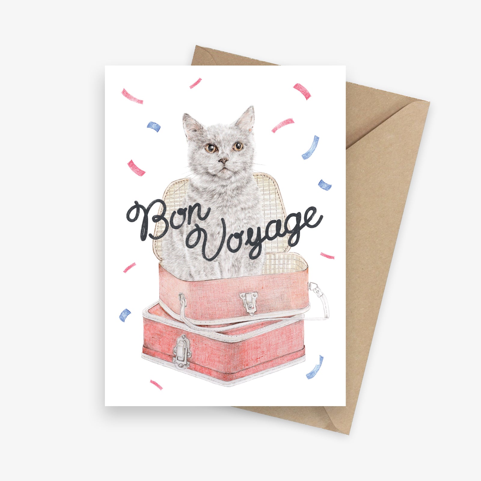 Bon voyage greeting card featuring a cat in a suitcase with confetti.